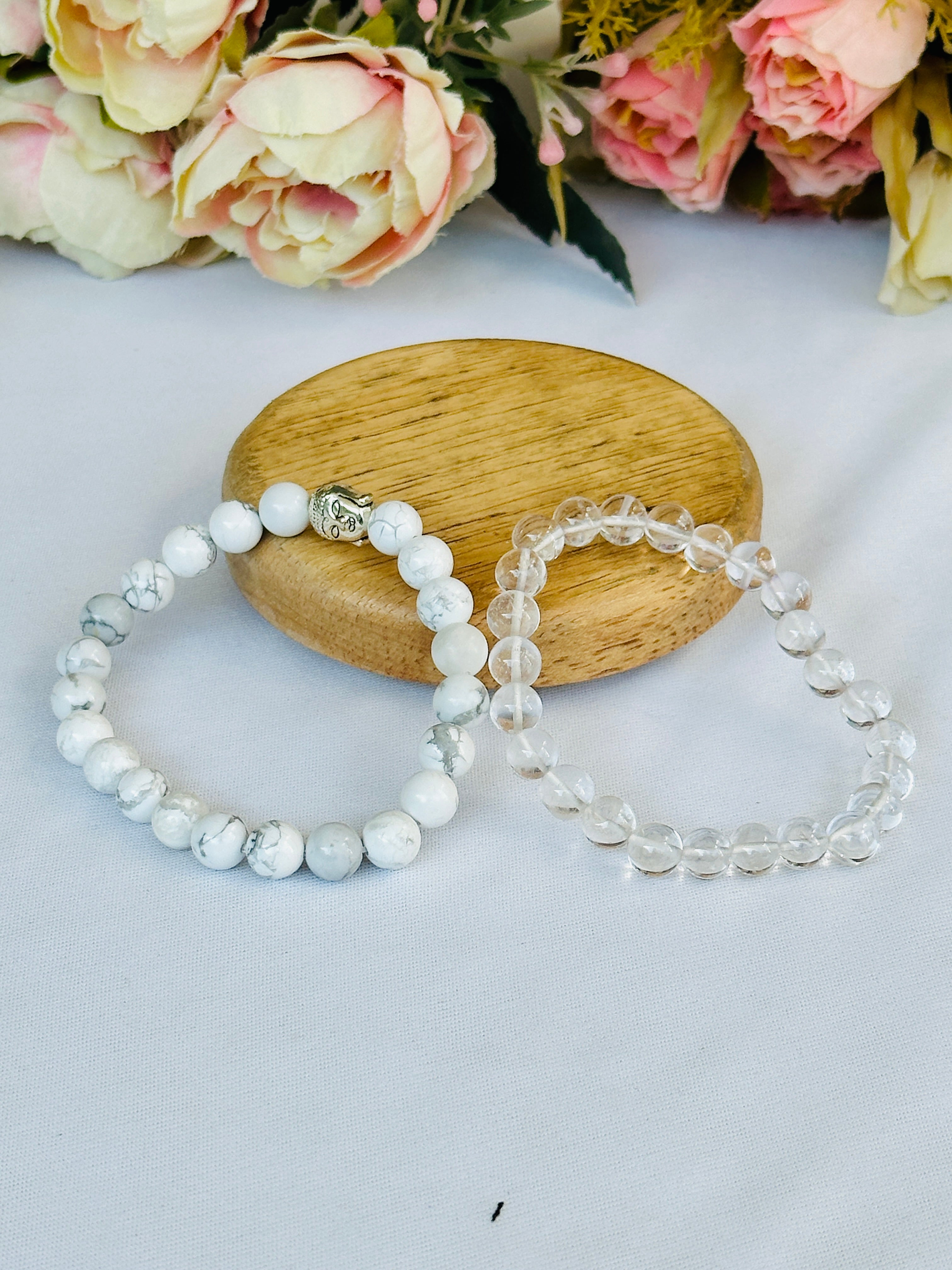 Chain ki Nind: Howlite & Clear Quartz Bracelet - Abhimantrit & Certified